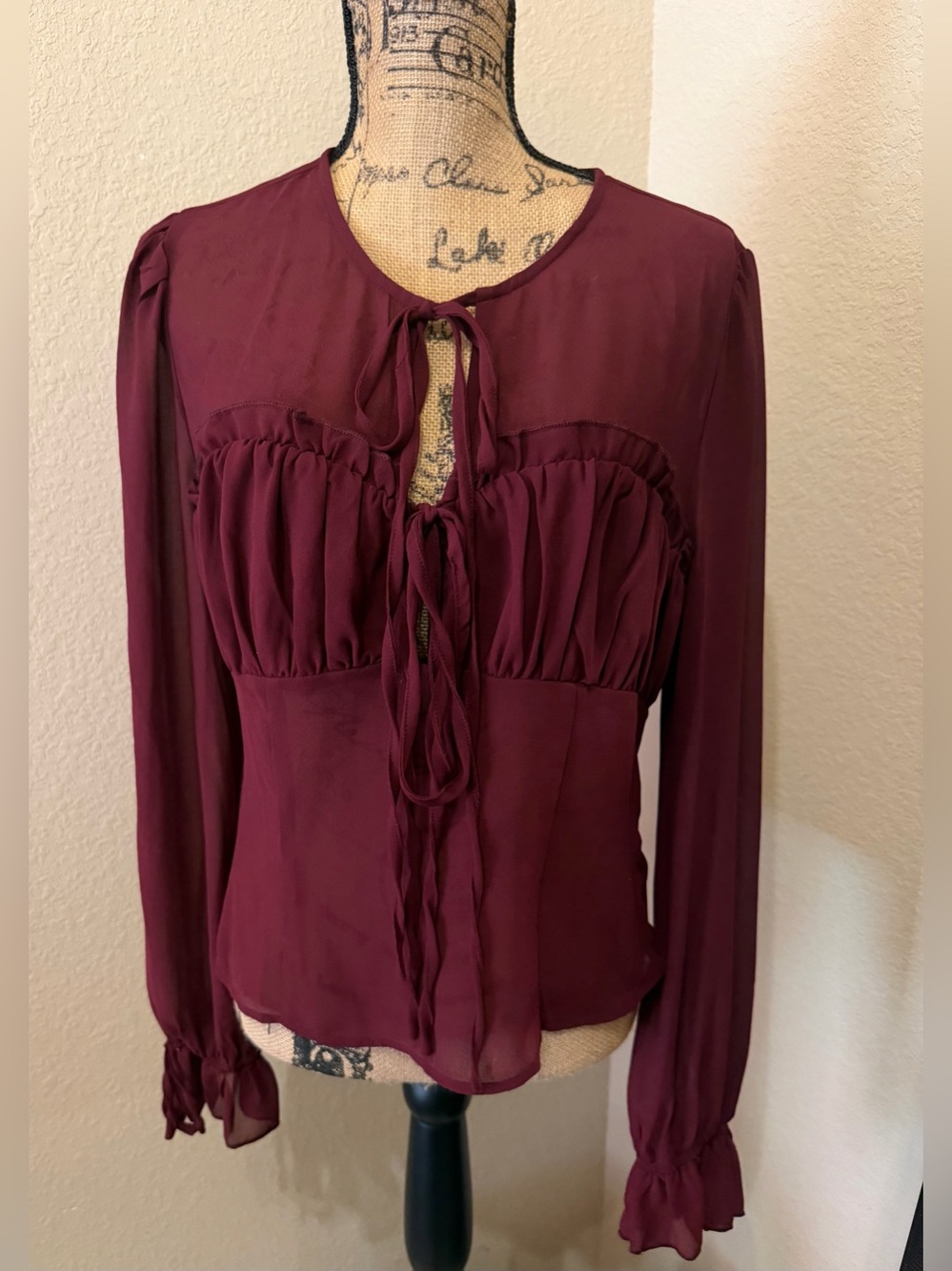 Fashion Nova Wine Tie-Front Long Sleeve Blouse